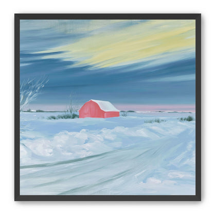 Red barn beneath winter sky