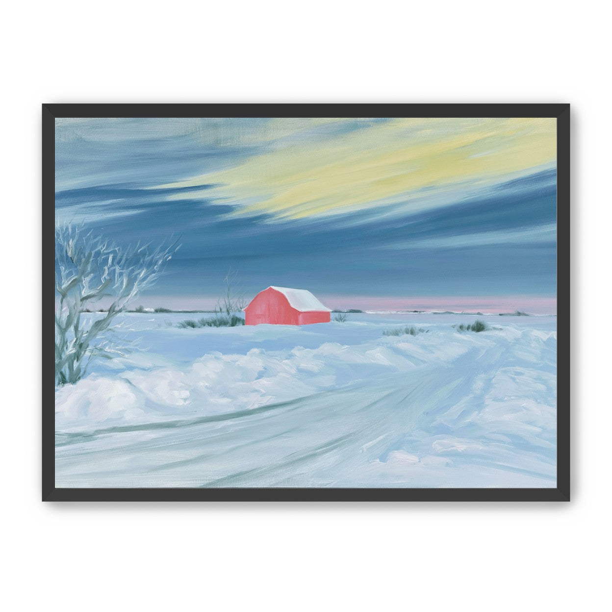 Red barn beneath winter sky