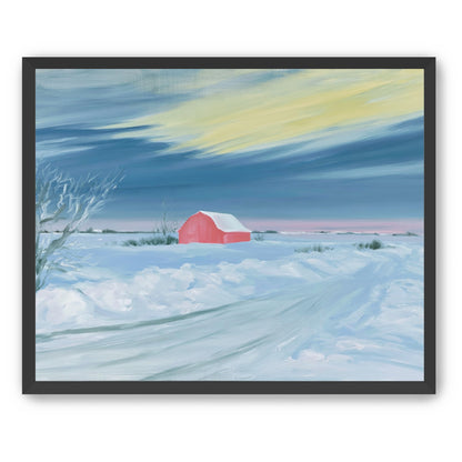 Red barn beneath winter sky