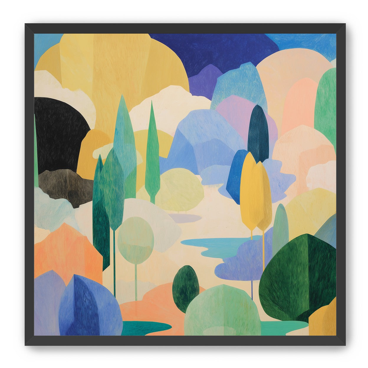 Ponds among pastel hills