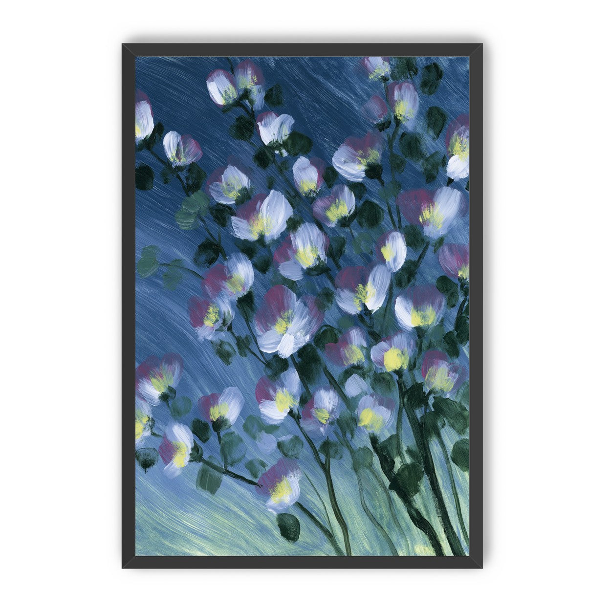 White blossoms on blue field