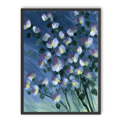 White blossoms on blue field