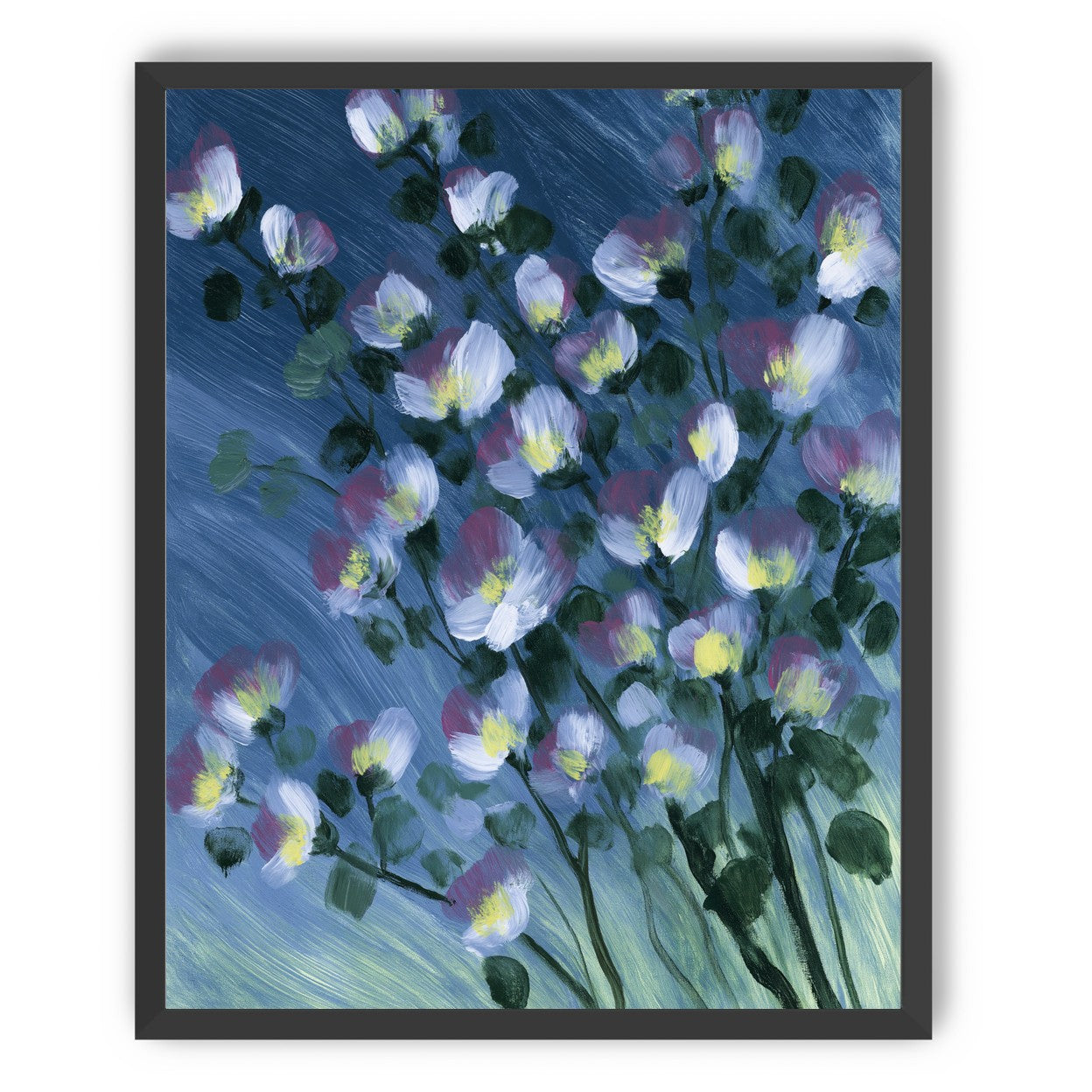 White blossoms on blue field