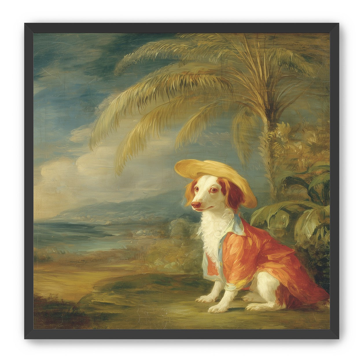 A hatted dog by the sea