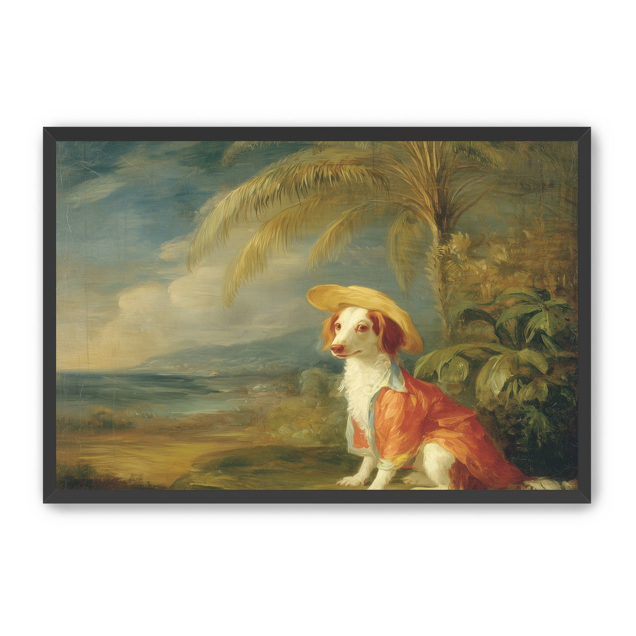 A hatted dog by the sea