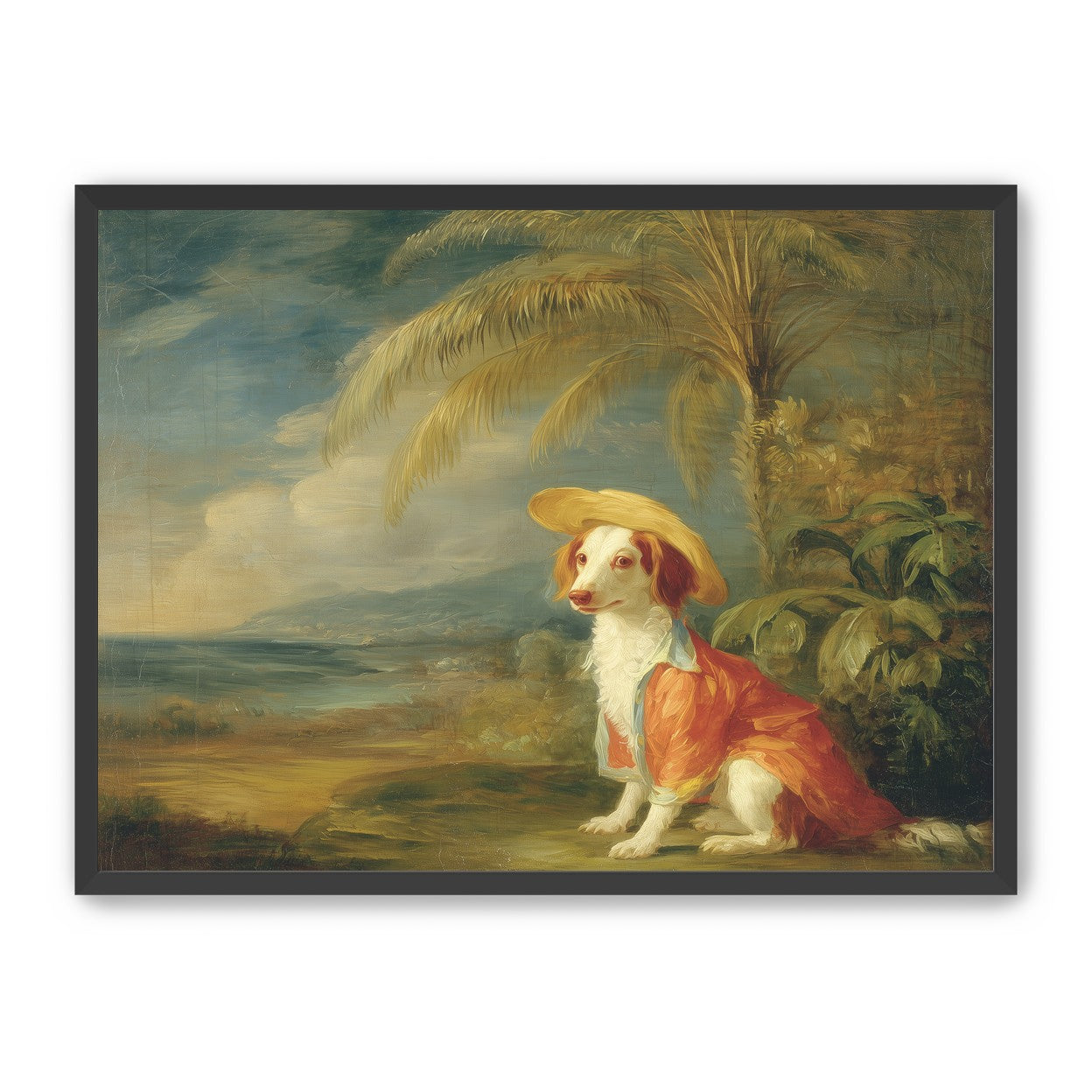 A hatted dog by the sea