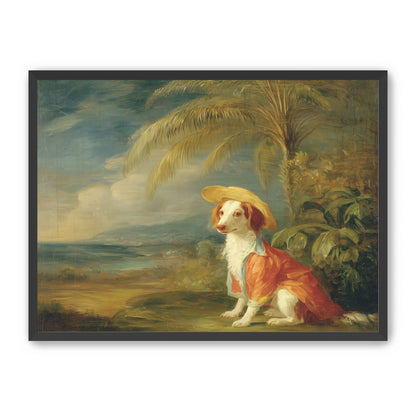 A hatted dog by the sea