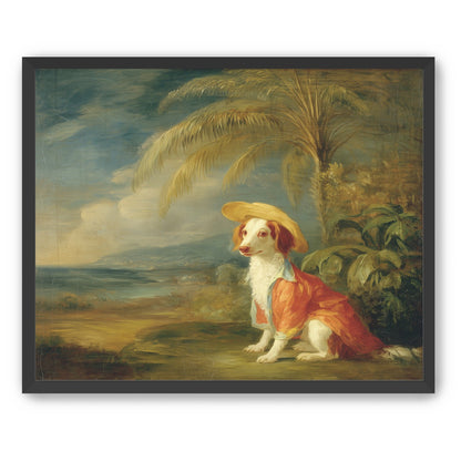 A hatted dog by the sea
