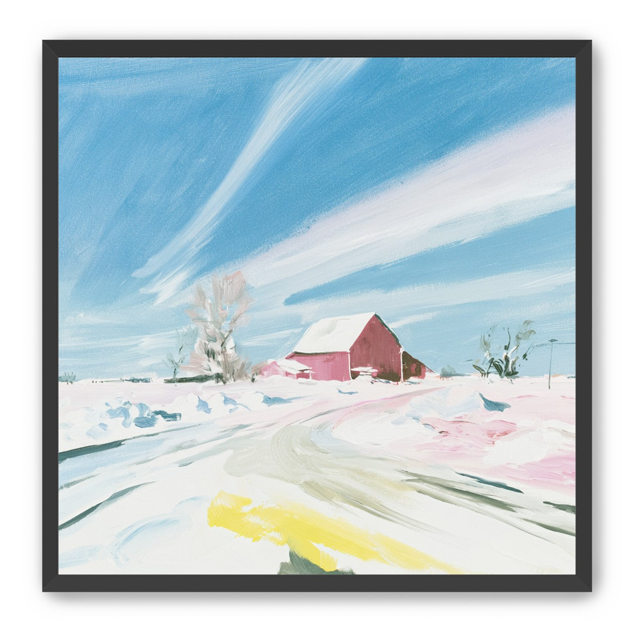 White sky over red barn