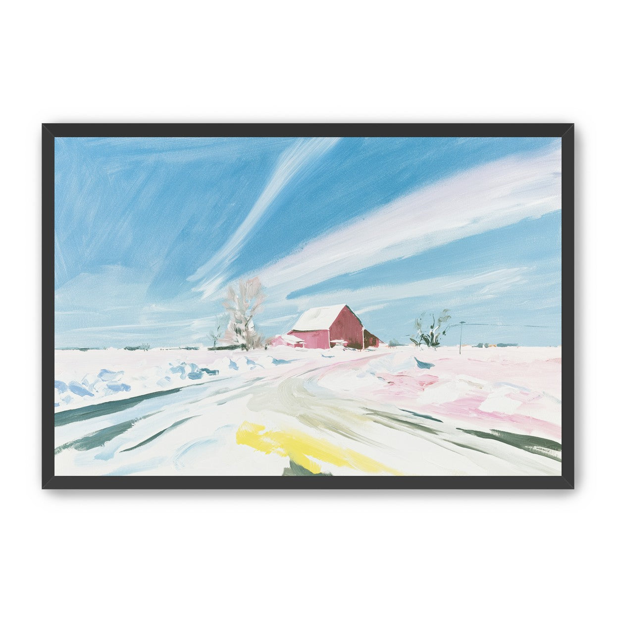 White sky over red barn