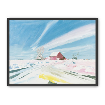 White sky over red barn