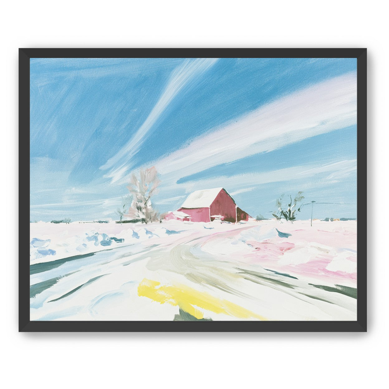 White sky over red barn