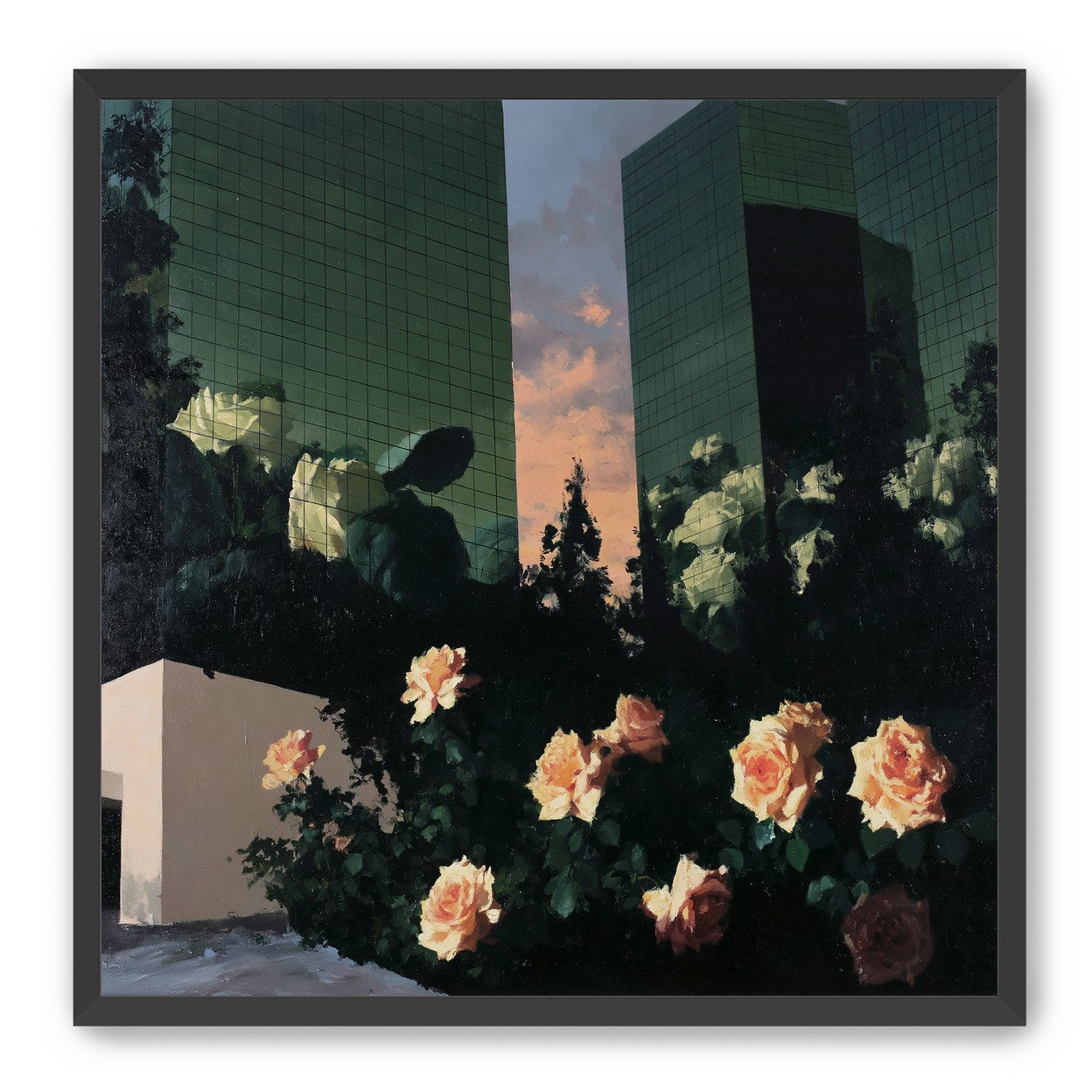 Roses under green towers