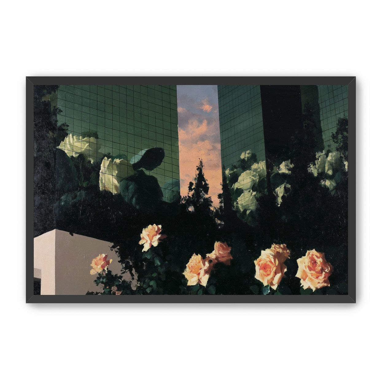 Roses under green towers