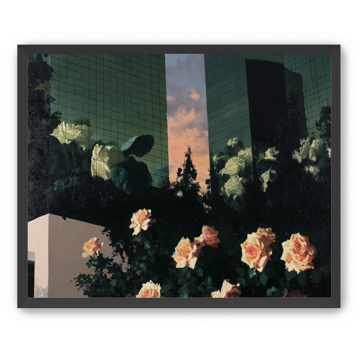 Roses under green towers