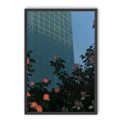 Roses beneath blue towers