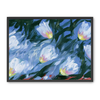 White tulips on blue ground