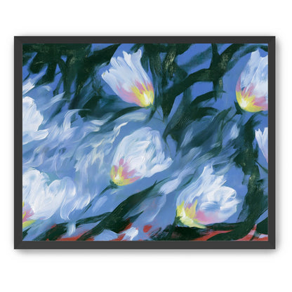 White tulips on blue ground