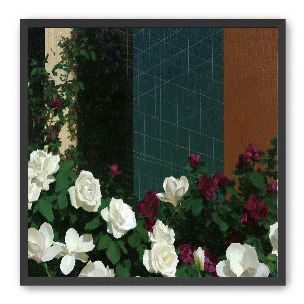 Roses against the blue grid