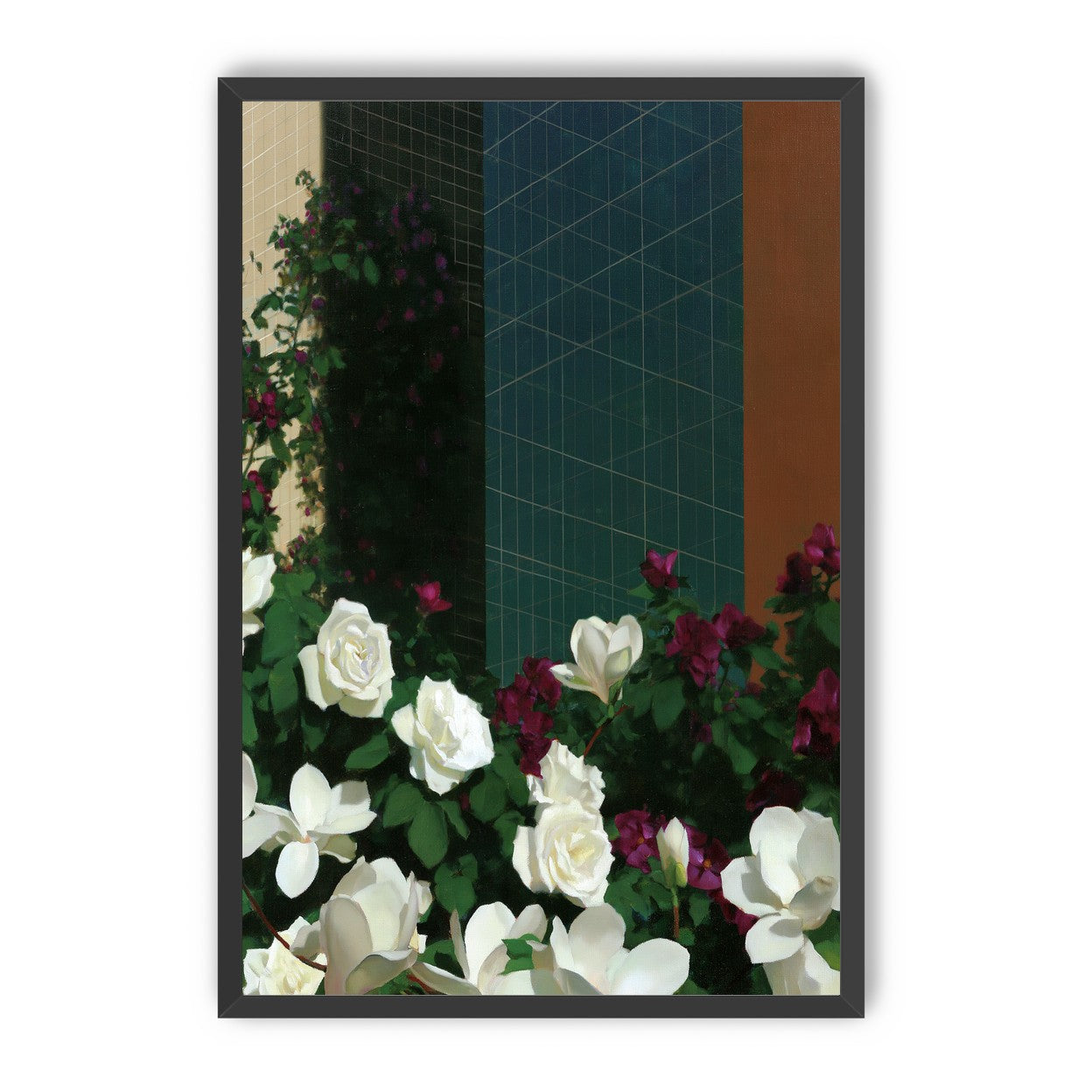 Roses against the blue grid