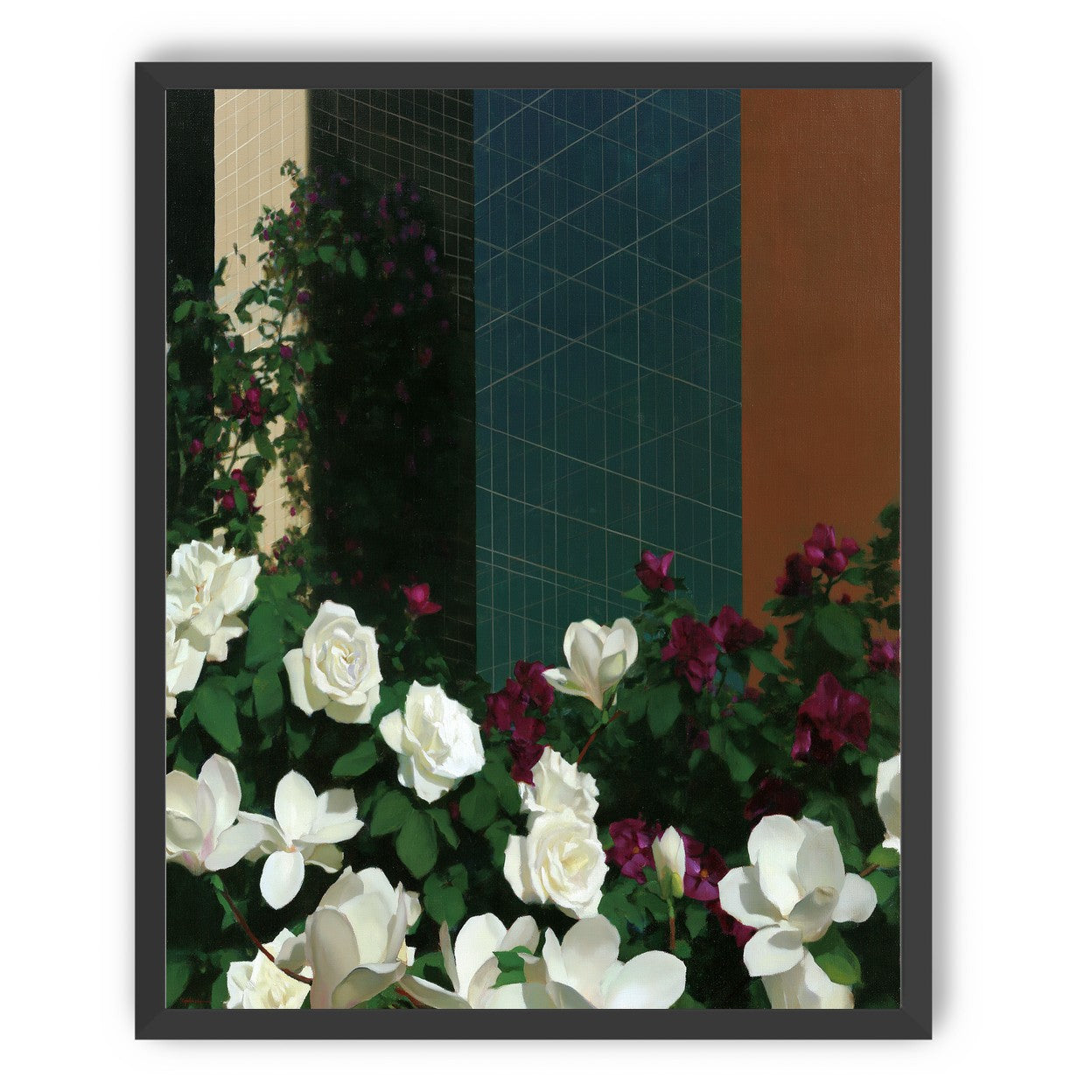 Roses against the blue grid