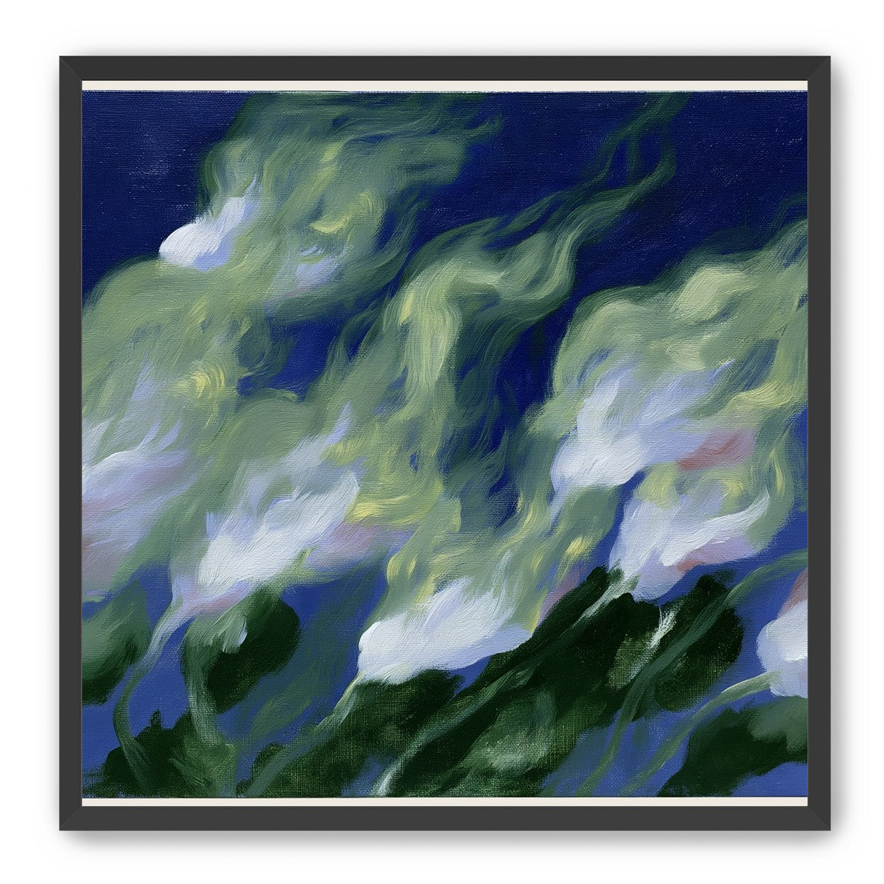 Pale flowers across blue field