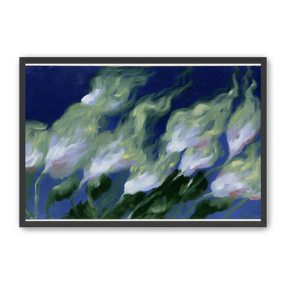 Pale flowers across blue field