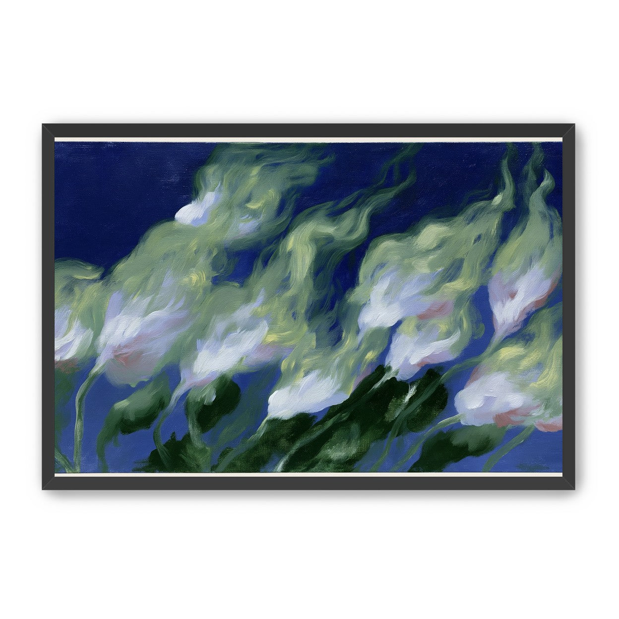 Pale flowers across blue field