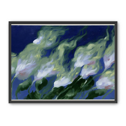 Pale flowers across blue field