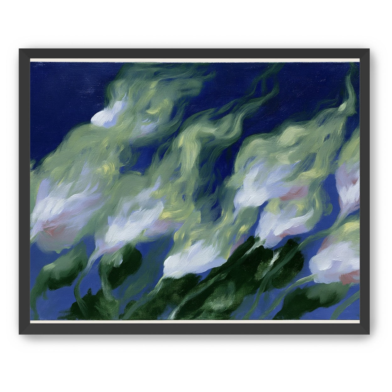 Pale flowers across blue field