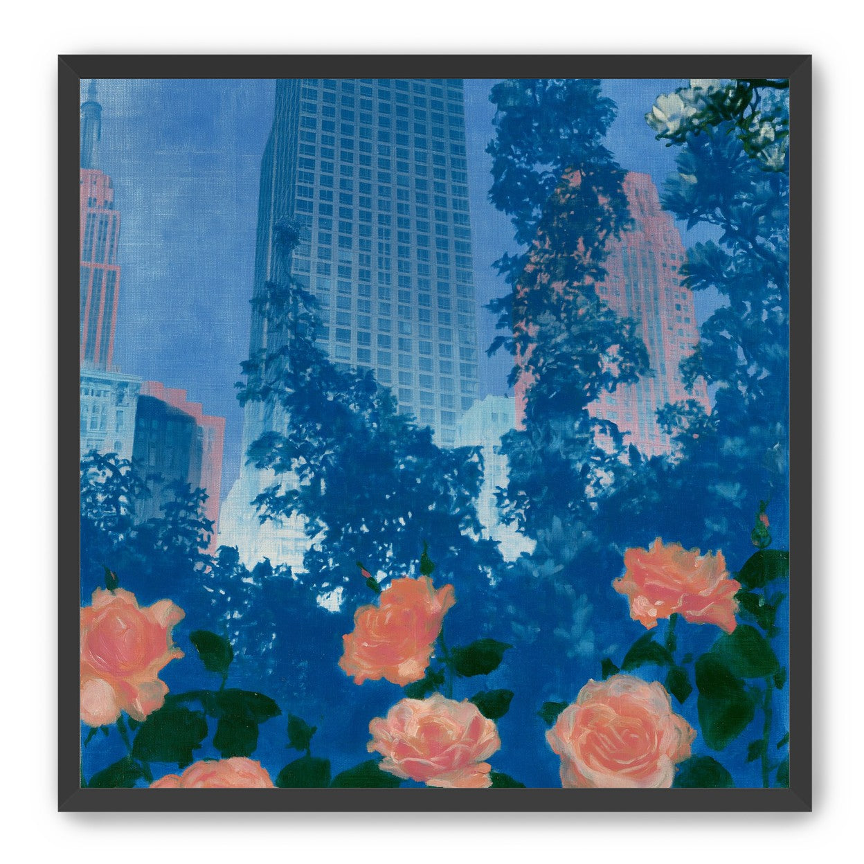 Pink roses below skyscrapers