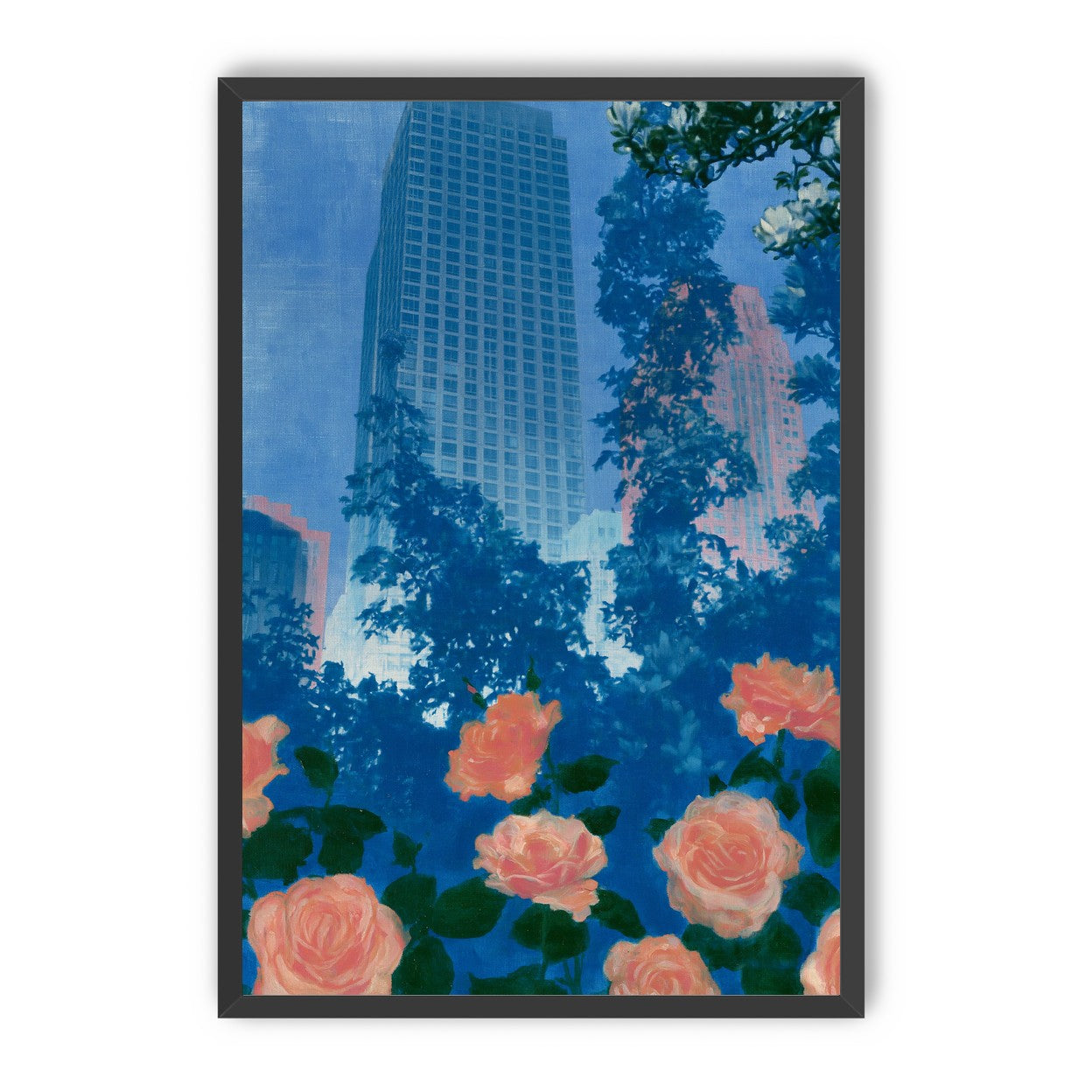 Pink roses below skyscrapers