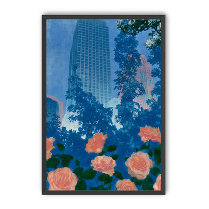Pink roses below skyscrapers