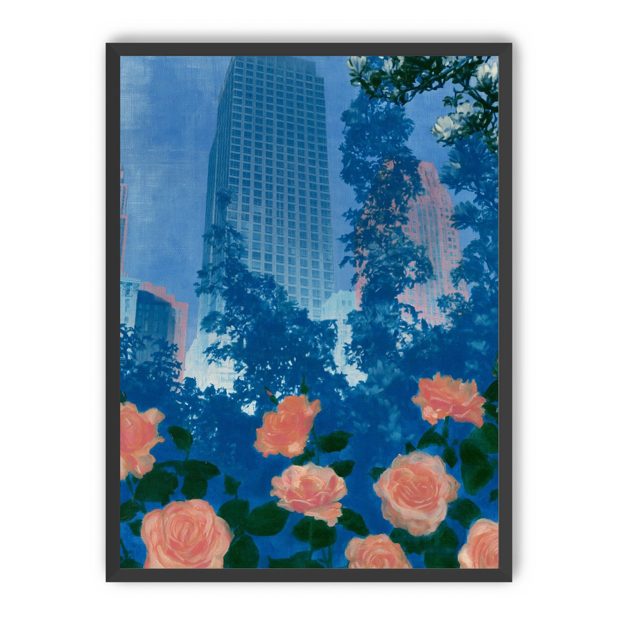 Pink roses below skyscrapers