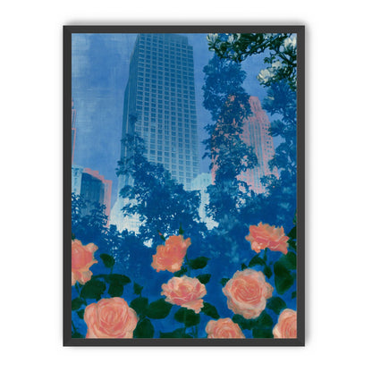 Pink roses below skyscrapers