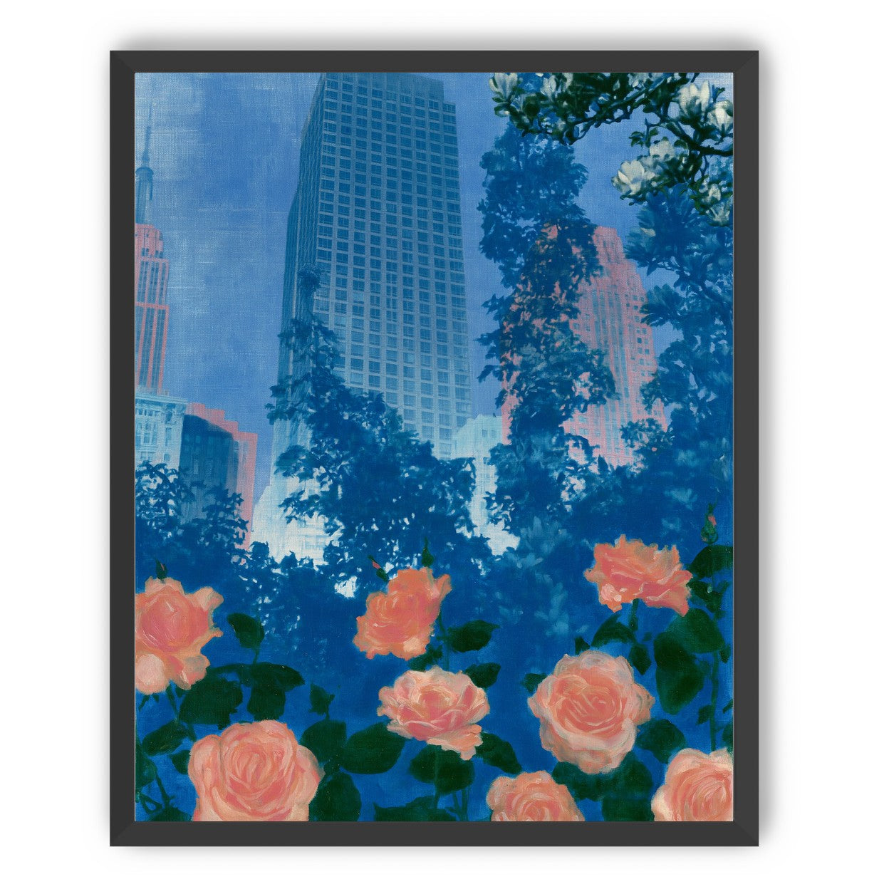 Pink roses below skyscrapers