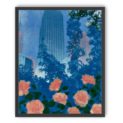 Pink roses below skyscrapers