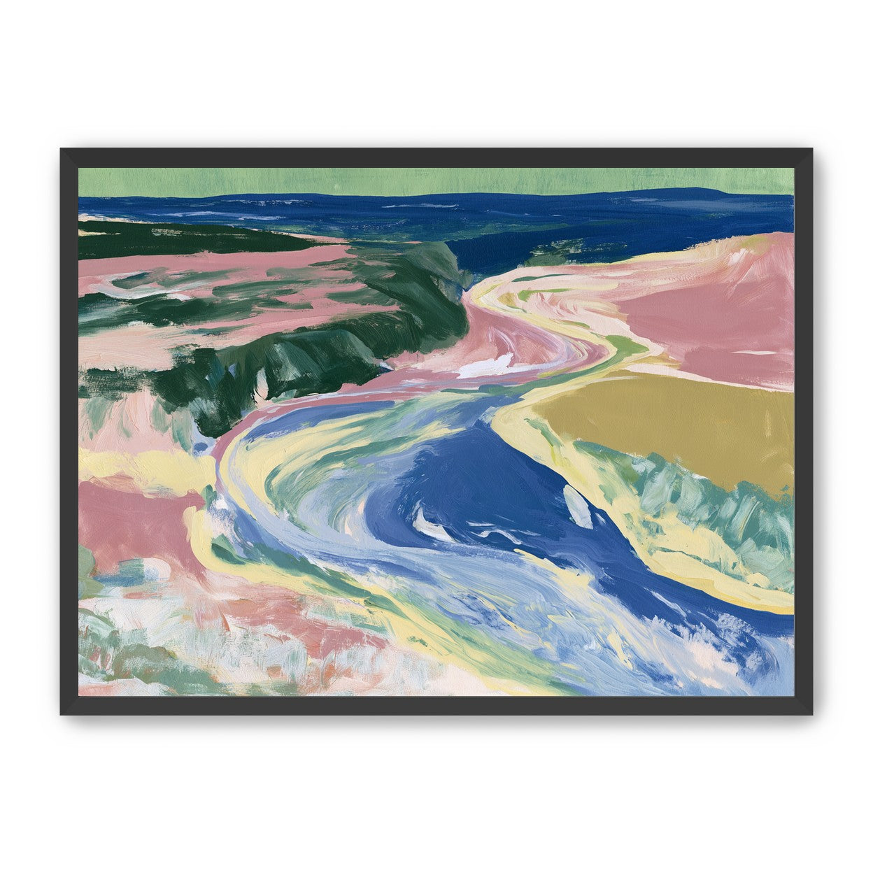 River bend in pink fields