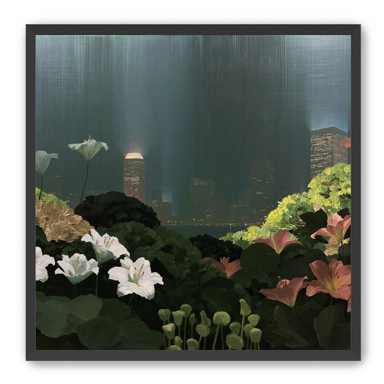 Lilies against the lit skyline