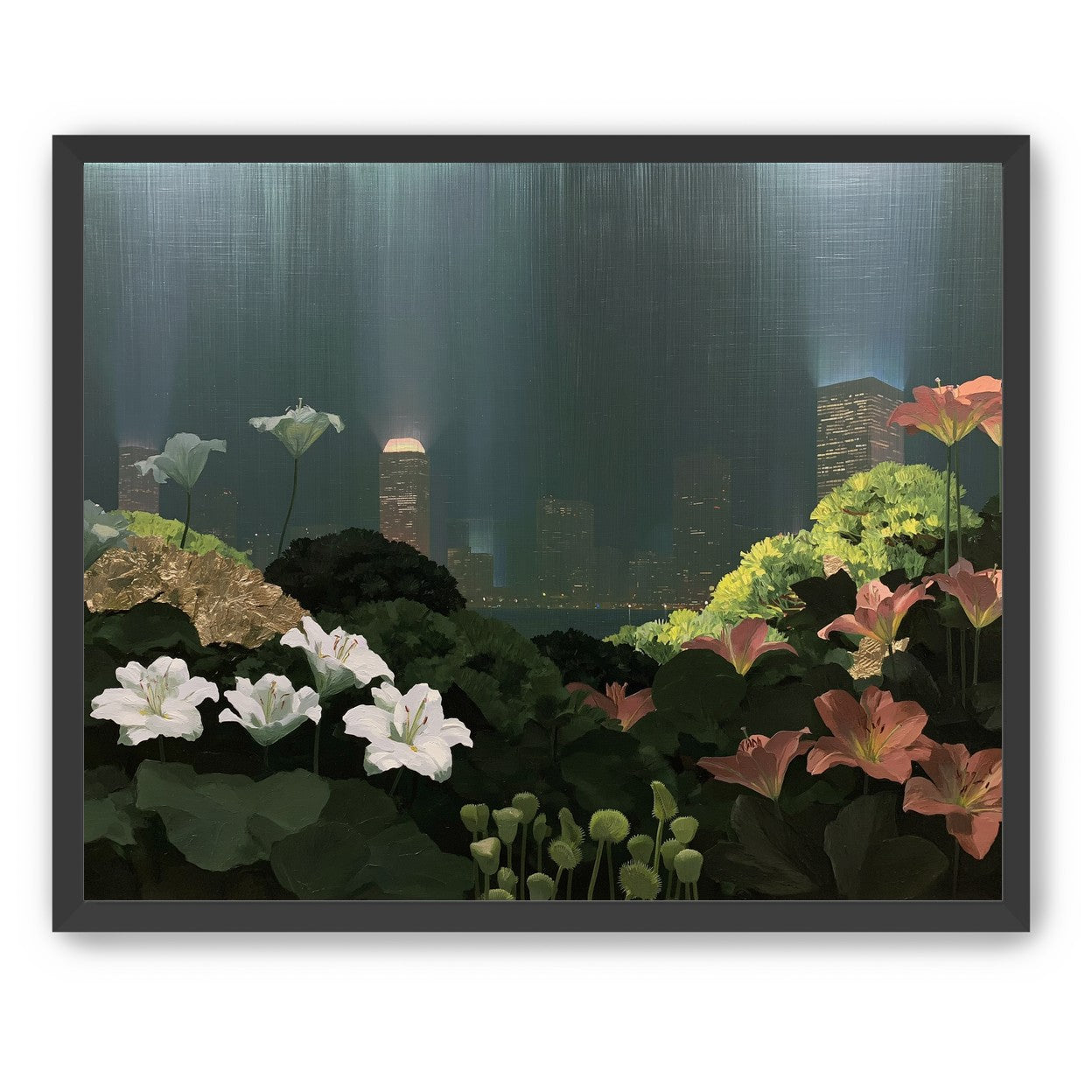 Lilies against the lit skyline