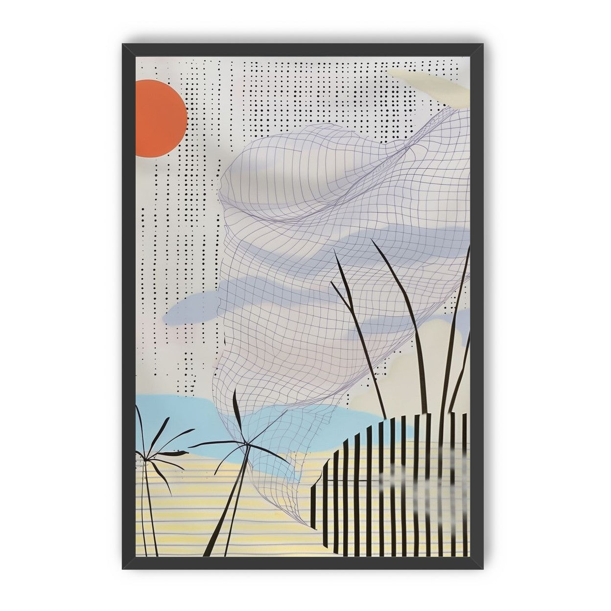 Orange sun over the gridded cloud