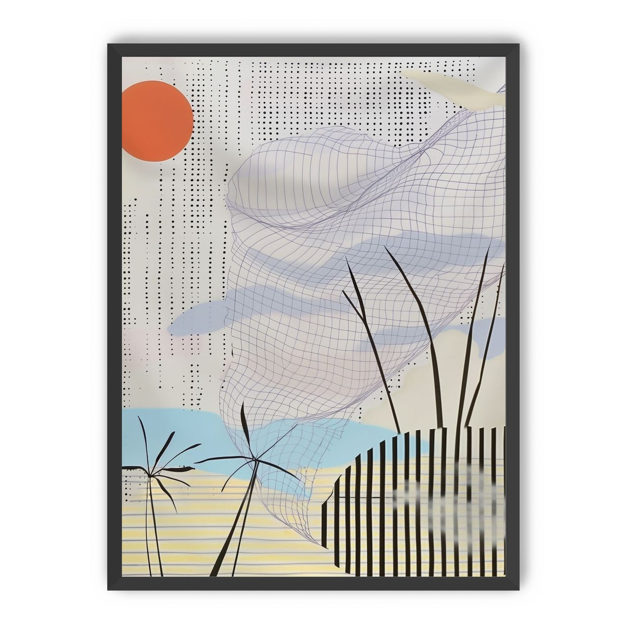 Orange sun over the gridded cloud