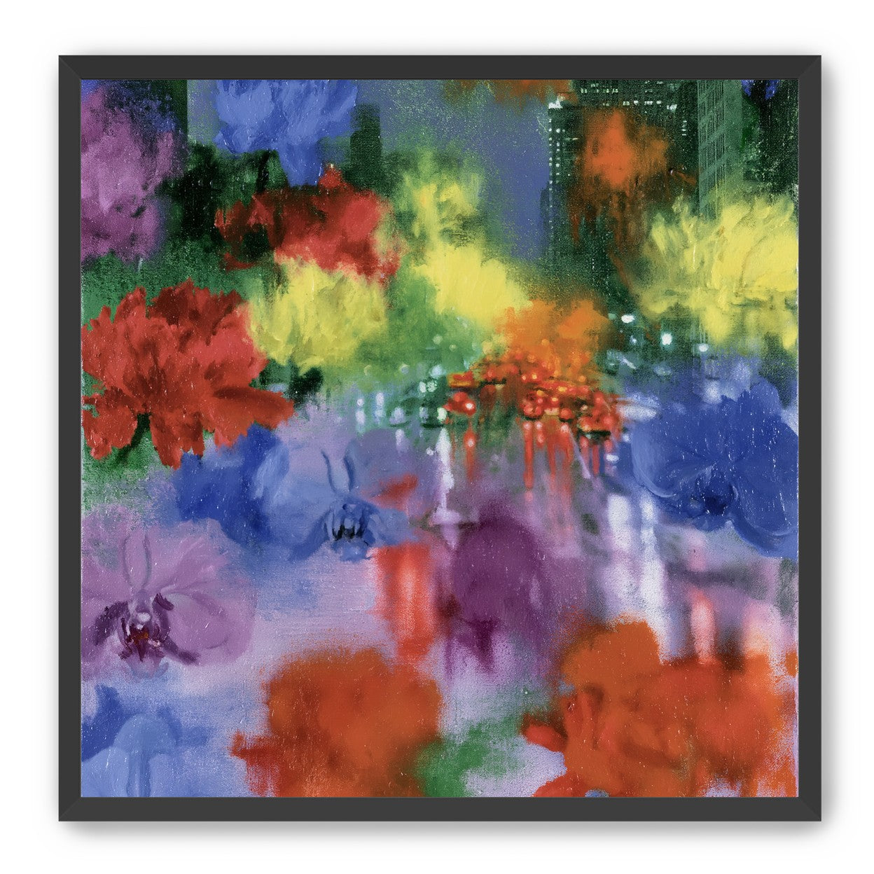 Neon traffic under painted blooms