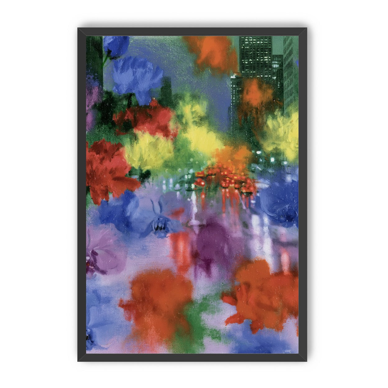 Neon traffic under painted blooms