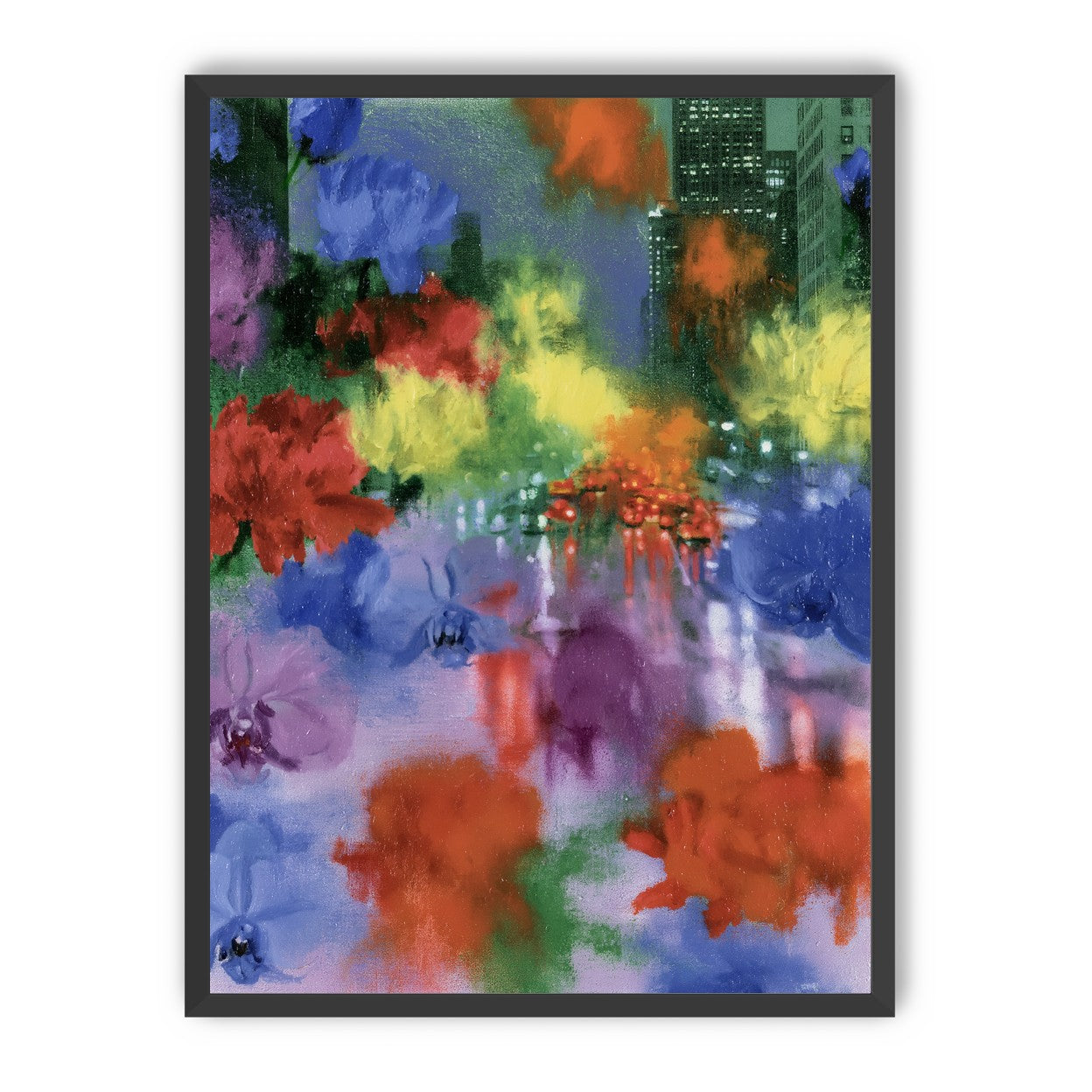 Neon traffic under painted blooms