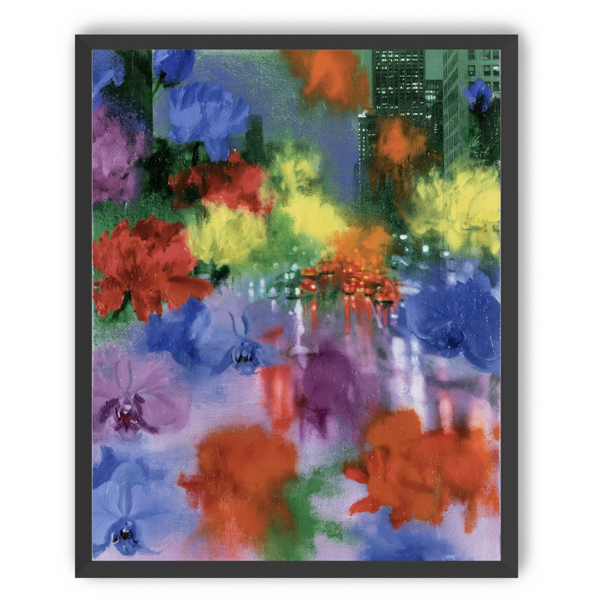 Neon traffic under painted blooms