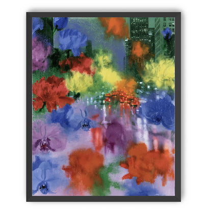Neon traffic under painted blooms