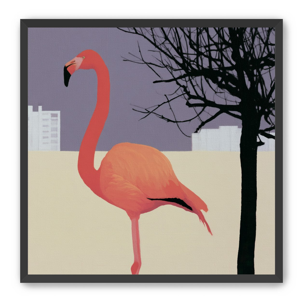 A flamingo beside the bare tree