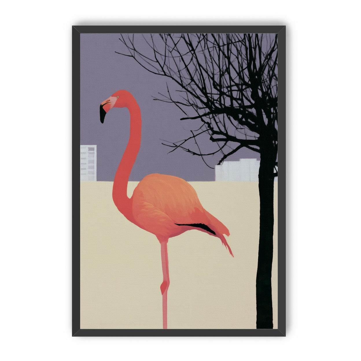 A flamingo beside the bare tree