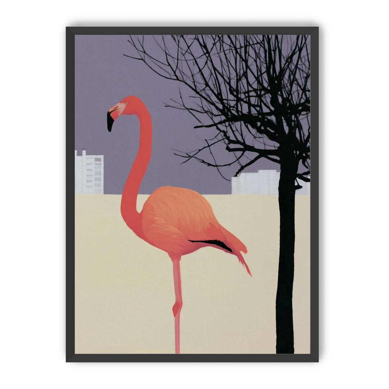 A flamingo beside the bare tree